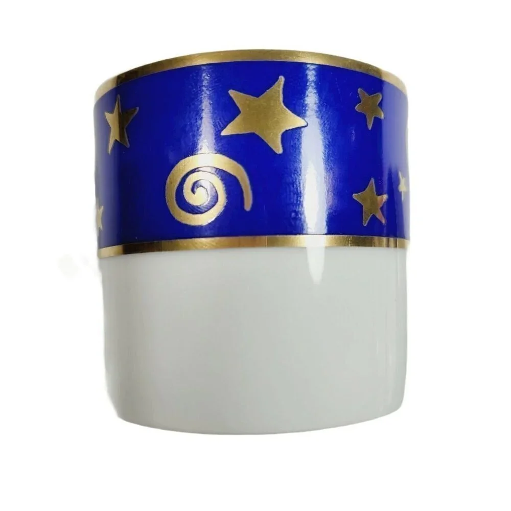 2 Pottery Barn Japan Demitasse Espresso Cups Saucers Blue Gold Stars Swirls HTF